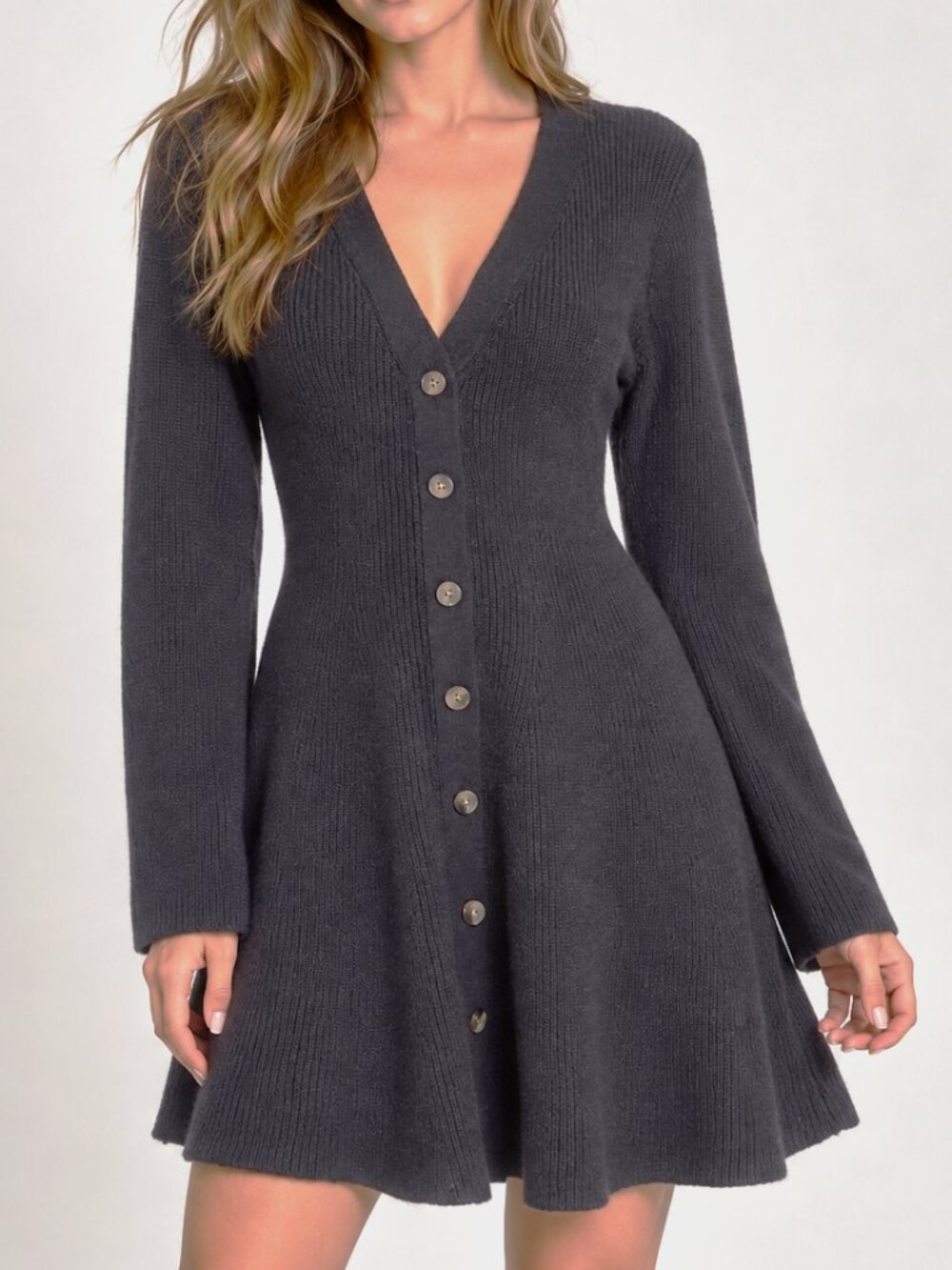 Lulus Adorably Flirty Sweater Mini Dress L EUC Black Button Front V-Neck Knit